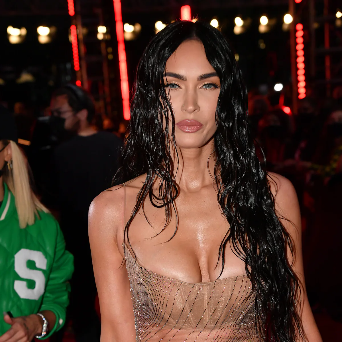 sheer dress megan fox Megan Fox wears plunging sheer dress for Sports Illustrated party