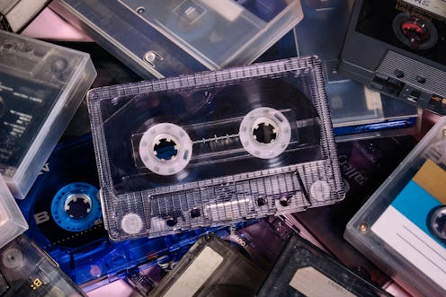 Lot of cassette audio tapes cassette audio tapes in cyan and magenta colors, 80s audio