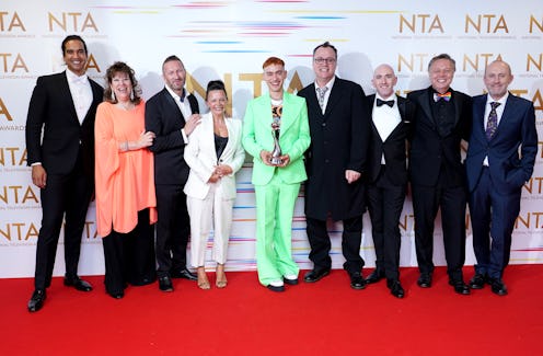 Olly Alexander (centre), Russell T Davies and the cast and crew of It's A Sin in the press room afte...