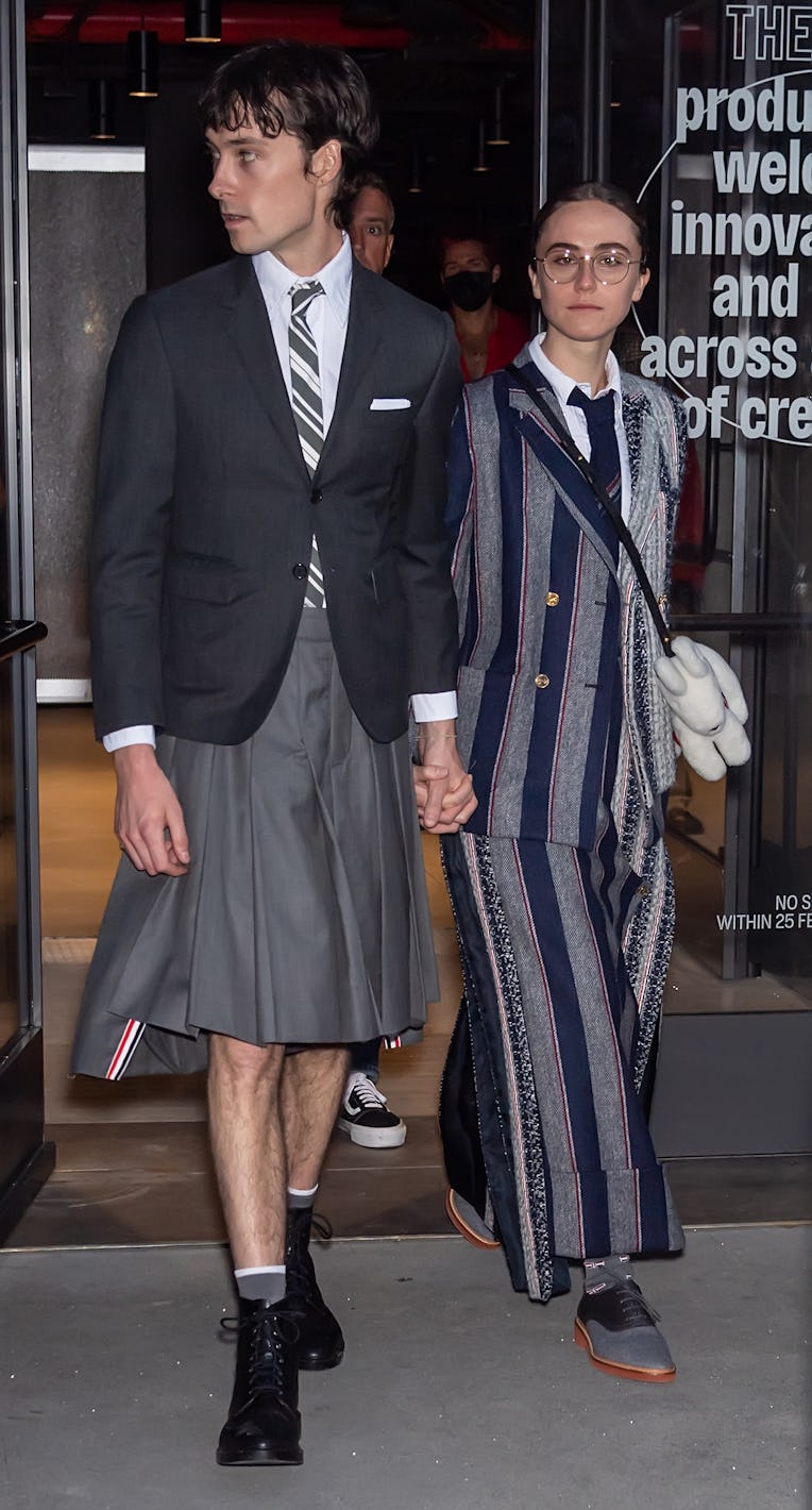 NEW YORK, NEW YORK - SEPTEMBER 11: Ella Emhoff and Sam Hine are seen leaving the Thom Browne Spring ...