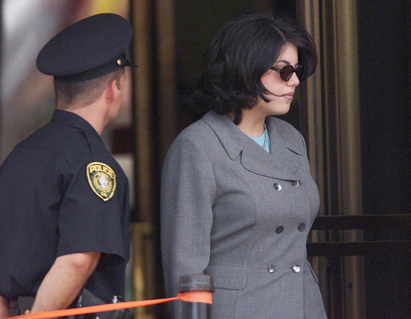 Monica Lewinsky leaves court after testifying before a grand jury investigating President Bill Clint...