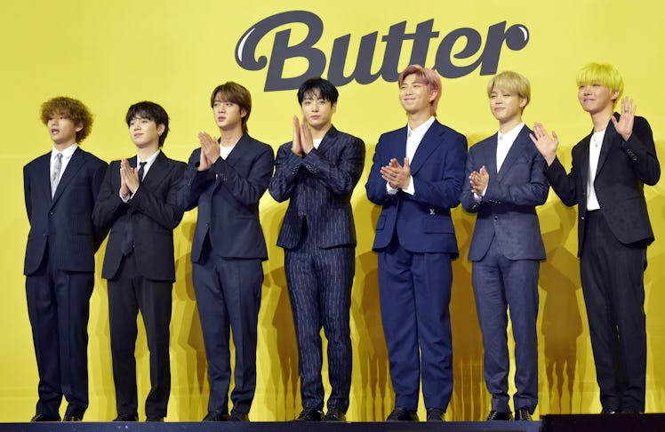 BTS at a "Butter" press conference, who didn't win Song Of The Year at the 2021 VMAs.