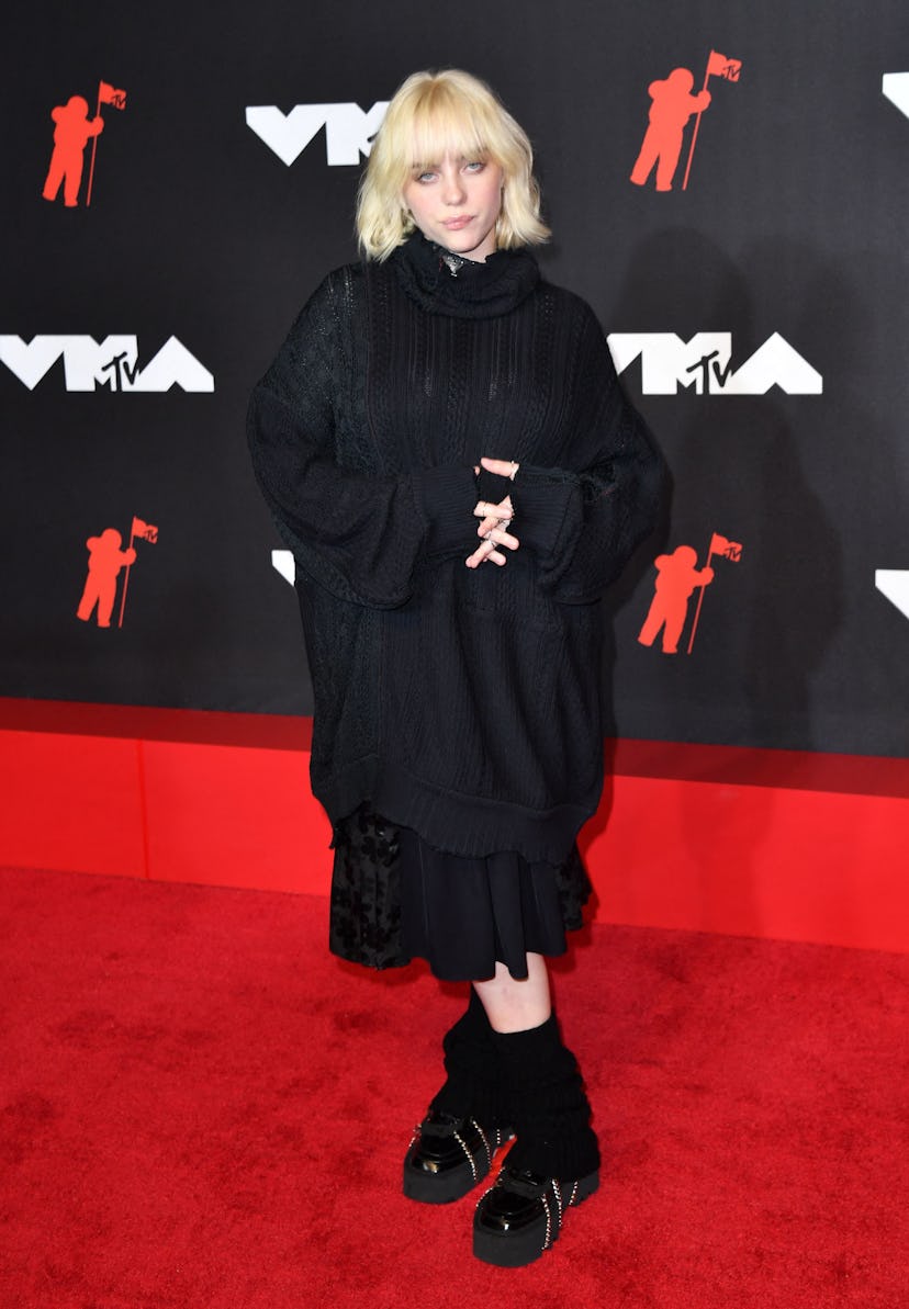 US singer-songwriter Billie Eilish arrives for the 2021 MTV Video Music Awards at Barclays Center in...