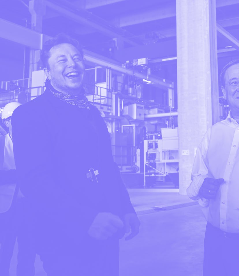 GRUENHEIDE, GERMANY - AUGUST 13: Tesla CEO Elon Musk and Armin Laschet, CDU Federal Chairman and Pri...