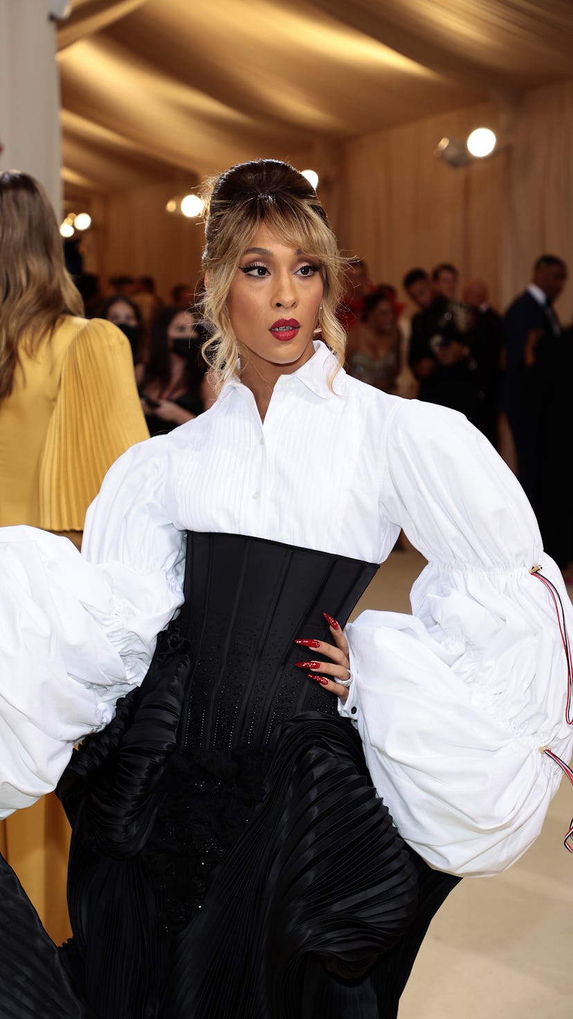 Mj Rodriguez wears Thom Browne to the 2021 Met Gala Celebrating In America: A Lexicon Of Fashion at ...