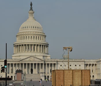 A temporary security camera is seen near the US Capitol in Washington, DC on September 14, 2021. - S...