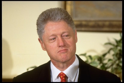 President Bill Clinton at a White House childcare event during which he denied having an affair with...