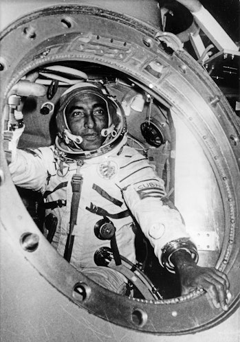 Cuban researcher-cosmonaut lieutenant-colonel arnaldo tamayo mendez in a simulator at the gagarin co...