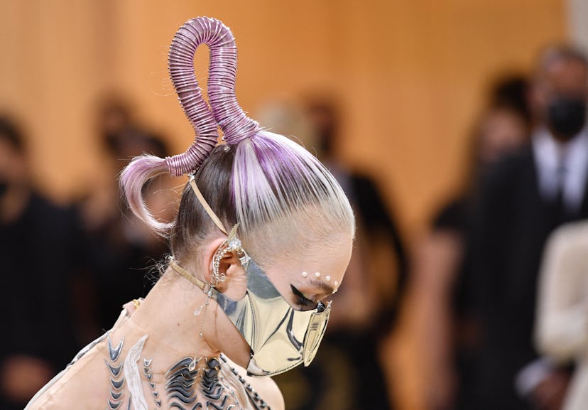 TOPSHOT - Canadian musician Grimes arrives for the 2021 Met Gala at the Metropolitan Museum of Art o...