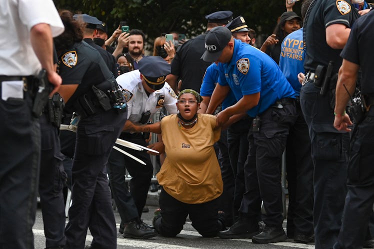 NEW YORK, NY - SEPTEMBER 13: Black Lives Matter protesters are arrested outside The Met Gala at The ...