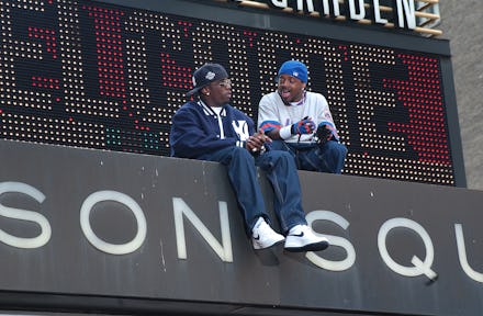 View of American rappers Sean 'P Diddy' Combs (left) and Jermaine Dupri on the marquee of Madison Sq...