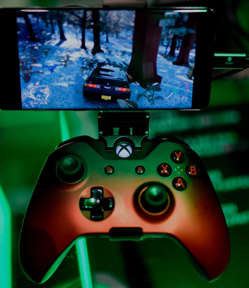 A cloud-based console is displayed at the Microsoft Xbox stand during the Video games trade fair Gam...