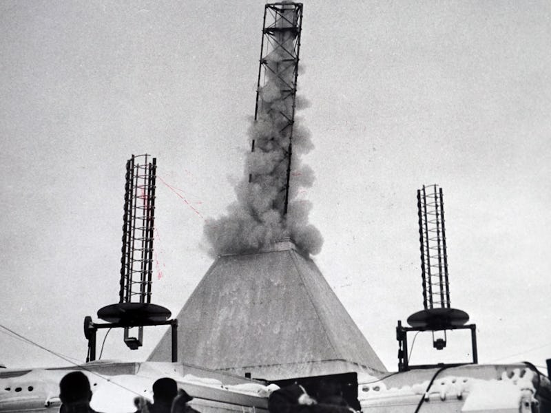Photograph taken during the launch of the Aerobee rocket, a small unguided suborbital sounding rocke...