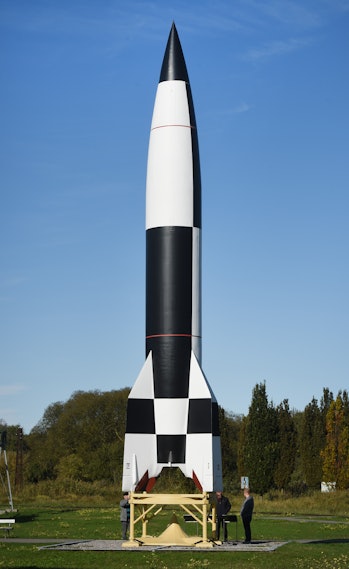 04 October 2019, Mecklenburg-Western Pomerania, Peenemünde: The replica of a V2 rocket stands on the...