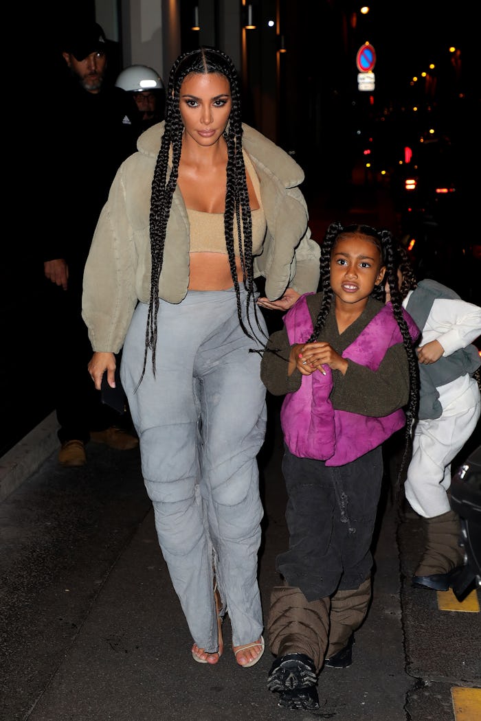 PARIS, FRANCE - MARCH 02: Kim Kardashian West and North West are seen arriving at a restaurant on M...