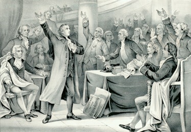 Vintage illustration features Patrick Henry delivering his speech on the rights of the colonies, bef...