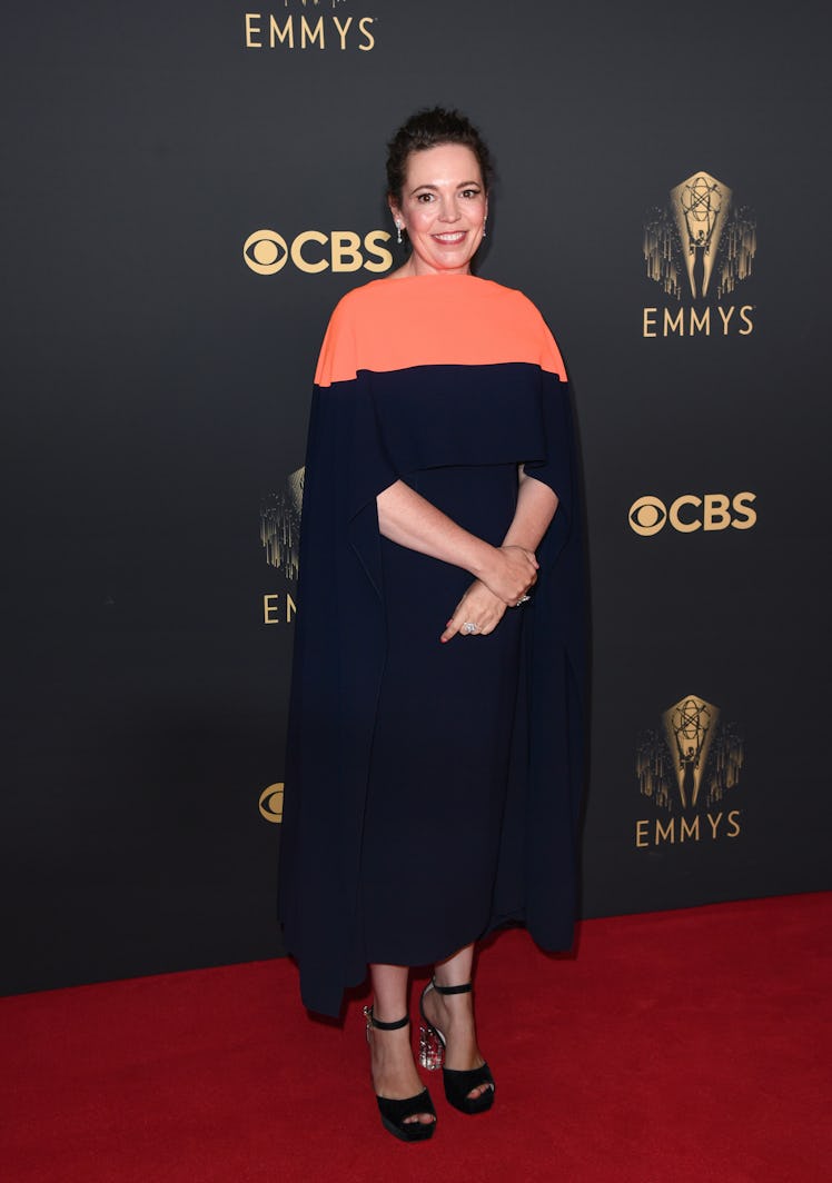 Olivia Colman in a black-orange dress at the Emmys Red Carpet 2021