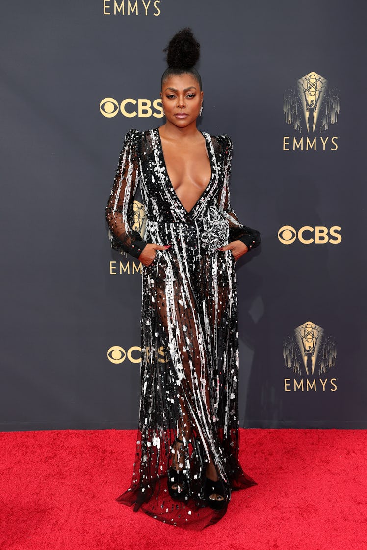 Taraji P. Henson in black and white sequin jumpsuit at the Emmys Red Carpet 2021