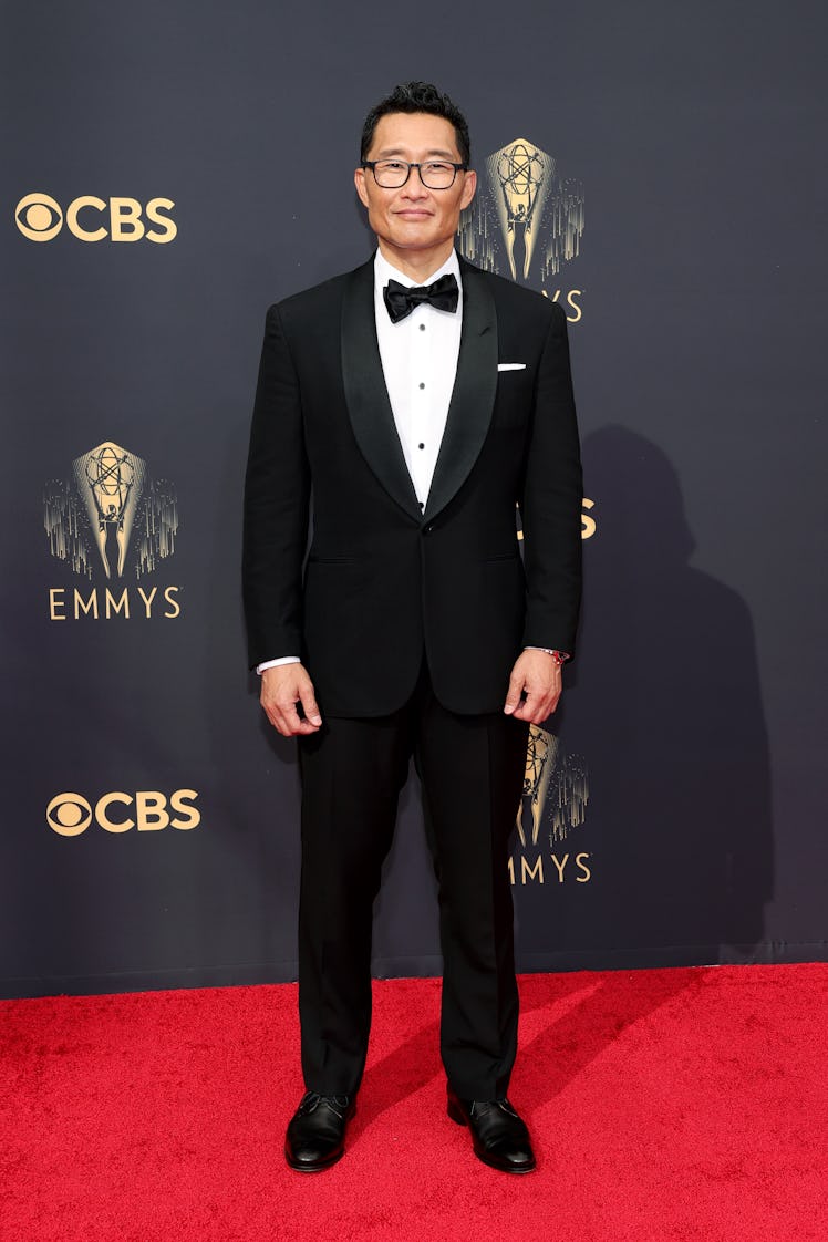 Daniel Dae Kim in a black suit, a white shirt and a black bow tie at the Emmys Red Carpet 2021