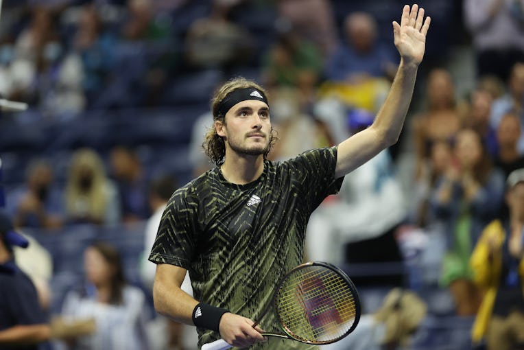 NEW YORK, NEW YORK - SEPTEMBER 01: Stefanos Tsitsipas of Greece celebrates a win against Adrian Mann...