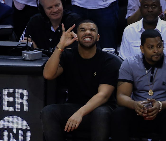 TORONTO, ON - MAY 23: Rapper Drake reacts while sitting courtside in the first half of game four of ...