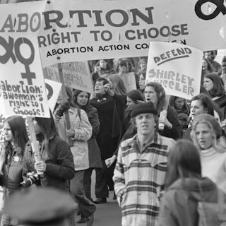 View of pro-Choice demonstrators, may with signs, as they march on Pennsylvania Avenue, Washington D...