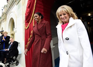 WASHINGTON, DC - JANUARY 20: US First Lady Michelle Obama (L) and Dr. Jill Biden arrive for the Pres...