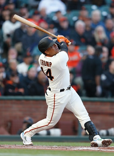 SAN FRANCISCO, CALIFORNIA - JULY 06: Chadwick Tromp #14 of the San Francisco Giants at bat against t...