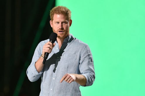 Co-Chair Britain's Prince Harry, Duke of Sussex, speaks onstage during the taping of the "Vax Live" ...