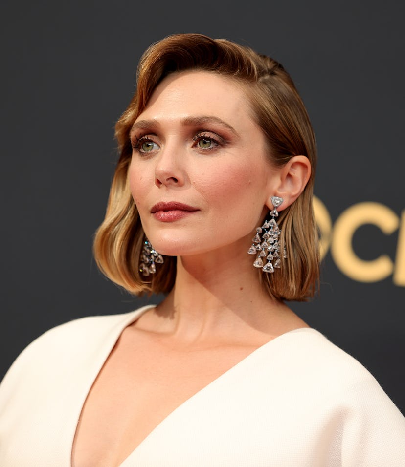 Elizabeth Olsen at the 2021 Emmy Awards wearing a dress designed by Mary Kate and Ashley.