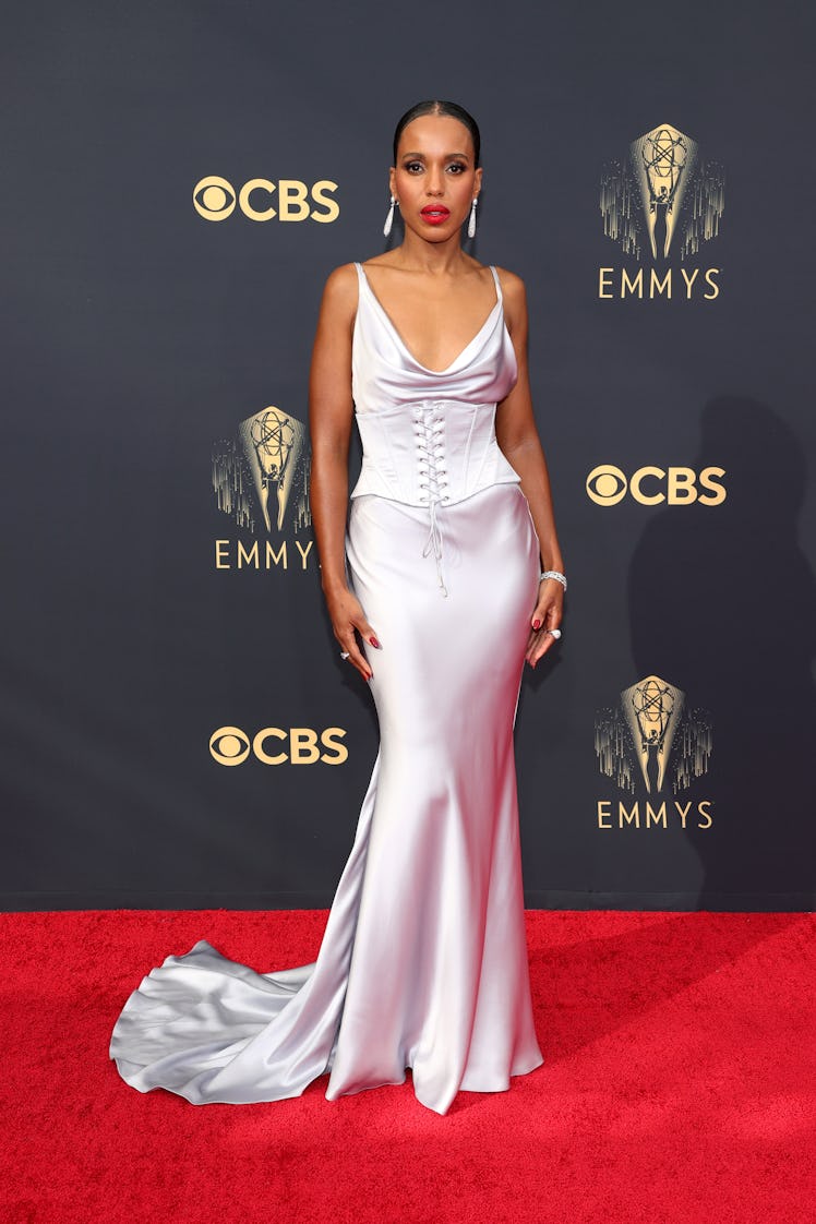 Kerry Washington in a white satin corset dress at the Emmys Red Carpet 2021