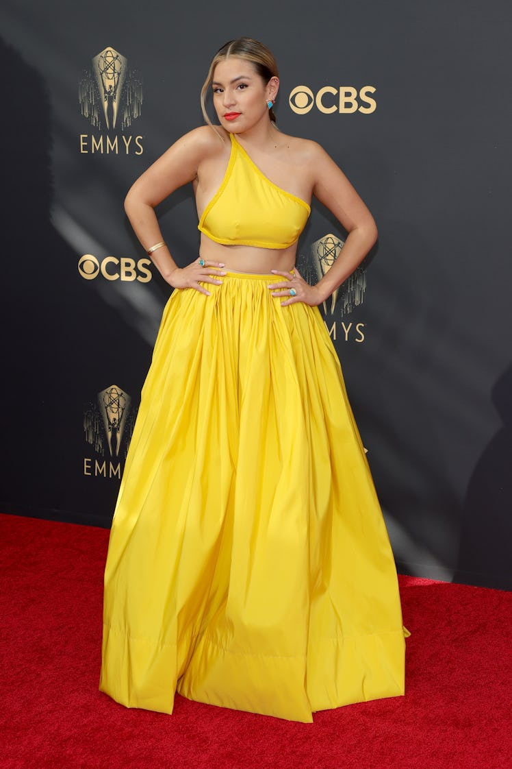 Paulina Alexis in a yellow asymmetric crop top and skirt at the Emmys Red Carpet 2021