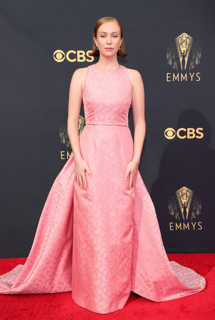 Hannah Einbinder in a pink lace dress at the Emmys Red Carpet 2021