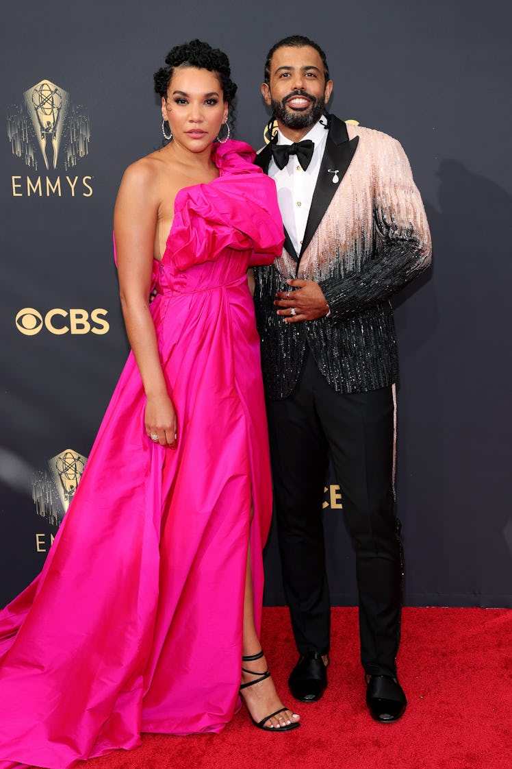 Emmy Raver-Lampman in a pink dress and Daveed Diggs in a black-beige sequin suit at the Emmys Red Ca...