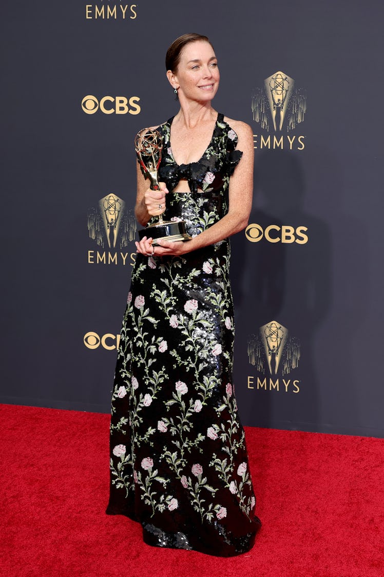 Julianne Nicholson in a black floral dress at the Emmys Red Carpet 2021