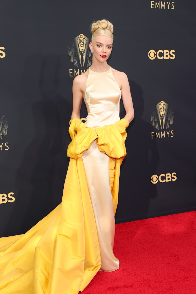 Anya Taylor-Jo in a beige satin dress at the Emmys Red Carpet 2021