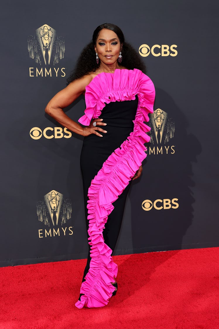 Angela Bassett in a black-pink dress at the Emmys Red Carpet 2021