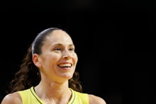 EVERETT, WASHINGTON - SEPTEMBER 07: Sue Bird #10 of the Seattle Storm looks on during the first quar...