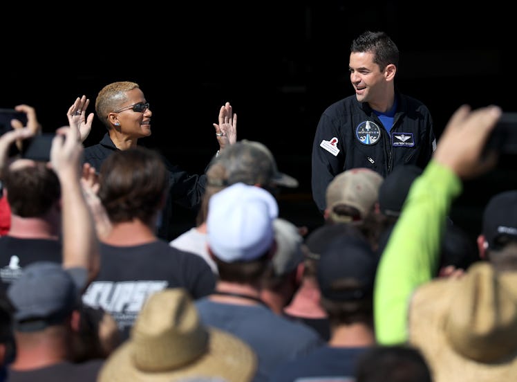 CAPE CANAVERAL, FLORIDA - SEPTEMBER 15: Inspiration4 crew members Jared Isaacman (R), and Sian Proct...