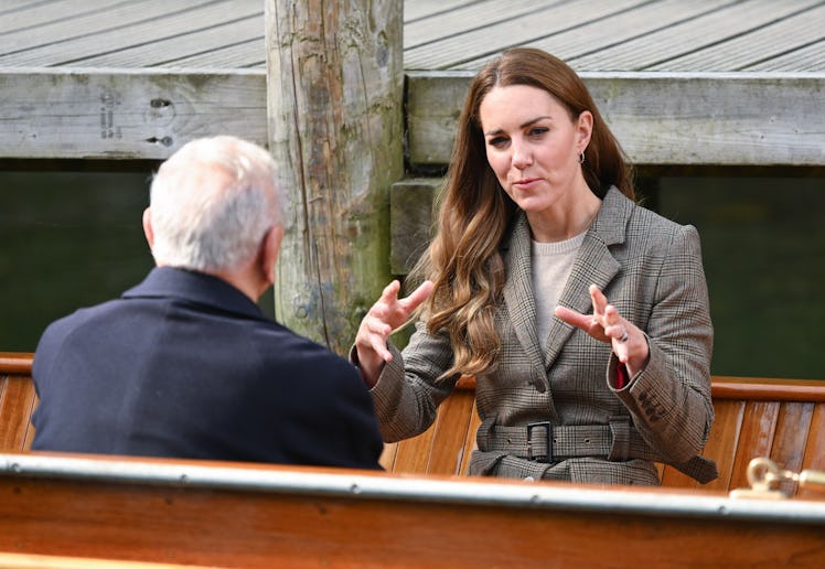 WINDERMERE, ENGLAND - SEPTEMBER 21: Catherine, Duchess of Cambridge embarks on a boat trip with two ...