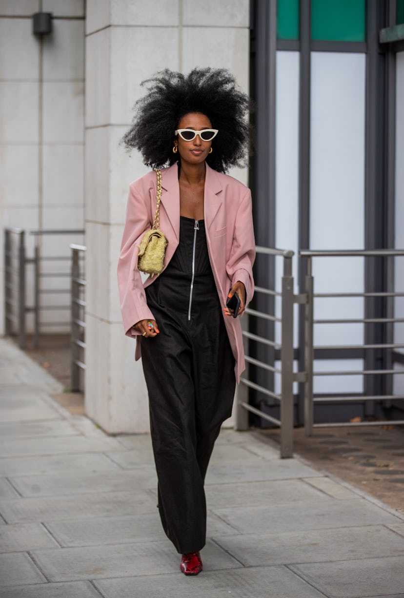 LONDON, ENGLAND - SEPTEMBER 17: A guest is seen outside Nensi Dojaka during London Fashion Week Sept...