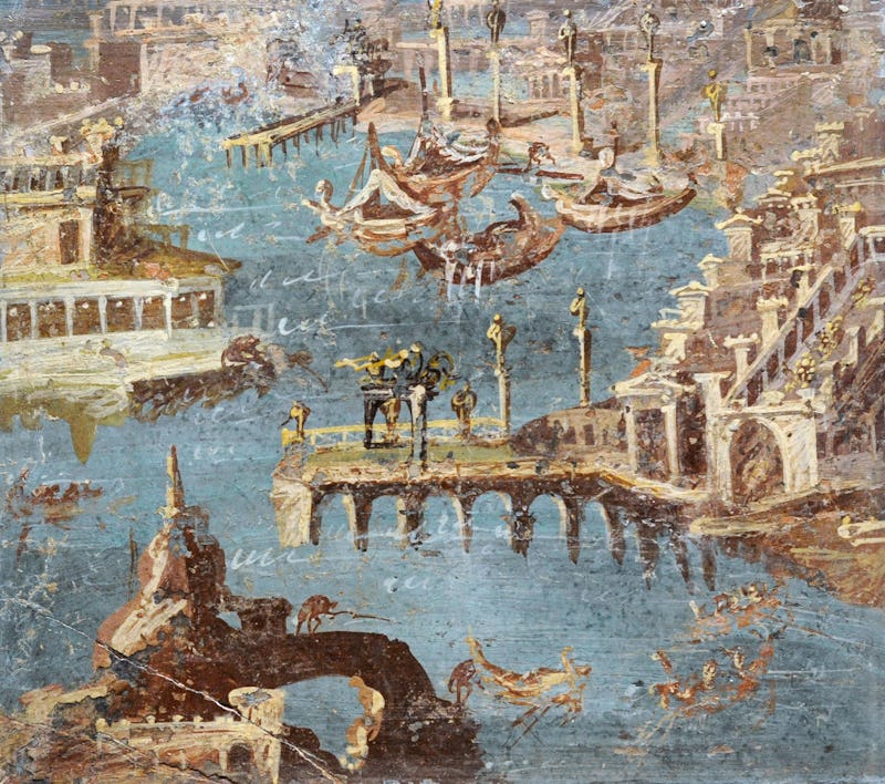 Roman fresco depicting a panorama of a port, usually identified with that of Pozzuoli. Second half o...