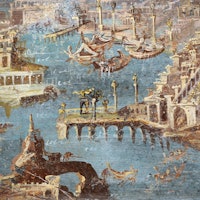 Roman fresco depicting a panorama of a port, usually identified with that of Pozzuoli. Second half o...