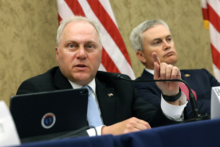 WASHINGTON, DC - JUNE 29: U.S. Rep. Steve Scalise (L) (R-LA) speaks alongside to U.S. Rep. James Com...