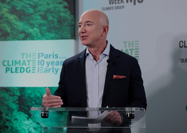 NEW YORK, NEW YORK - SEPTEMBER 20: Jeff Bezos speaks during the Climate Week NYC Leaders’ Reception ...