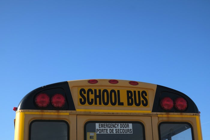 Text on the top of the back of a school bus.