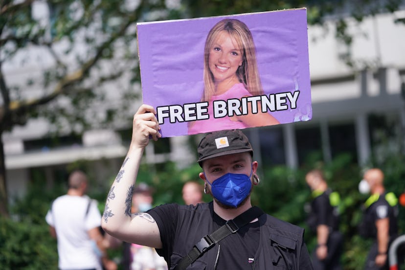 24 July 2021, Berlin: A banner reading "Free Britney" is seen at the Christopher Street Day (CSD) pa...