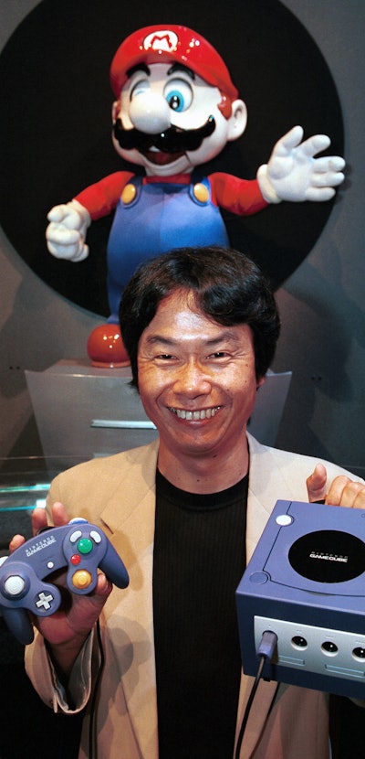 LOS ANGELES, CALIFORNIA - MAY 18: Shigeru Miyamoto, Founder of Nintendo Mario with new Nintendo Cube...