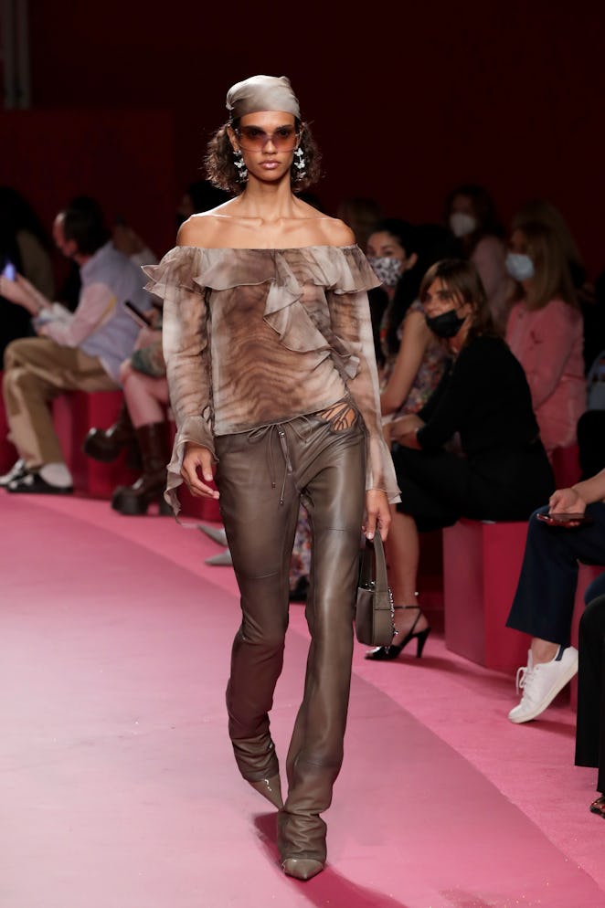 MILAN, ITALY - SEPTEMBER 23: A model walks the runway at the Blumarine fashion show during the Milan...