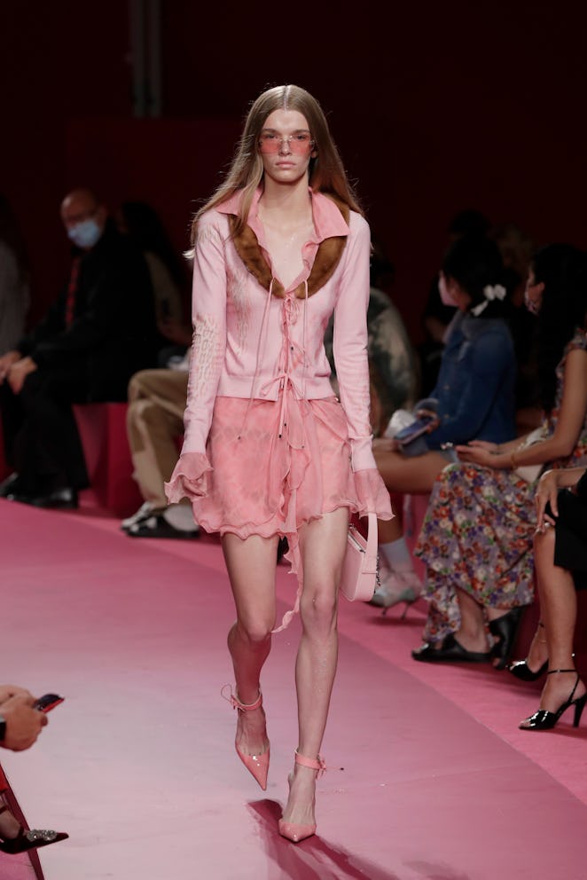 MILAN, ITALY - SEPTEMBER 23: A model walks the runway at the Blumarine fashion show during the Milan...